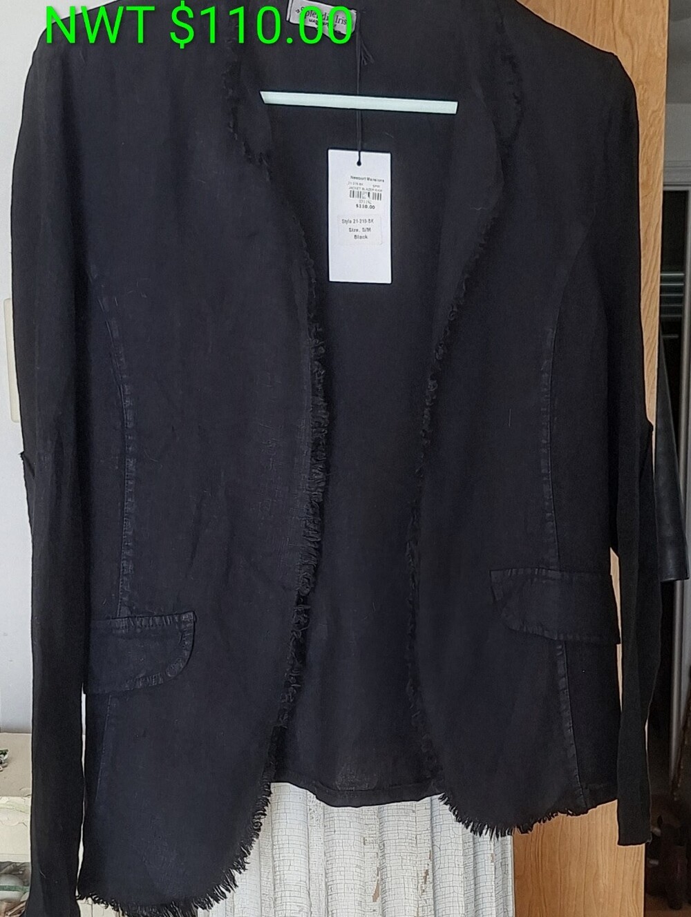 NWT- ITALY LINEN Frayed-Trim Jacket Blazer, S/M Black Boho Whimisgoth Lagenlook